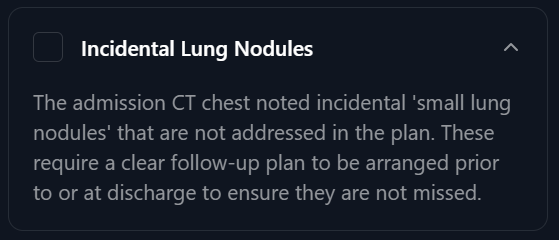 Mouse AI correctly flags a missing lung nodule from the A&P